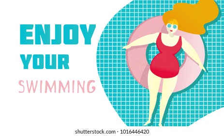 Enjoy your swimming. Beautiful woman in swimsuit relaxing on a rubber ring in the pool. Vector characters illustration. Modern stylish texture. 