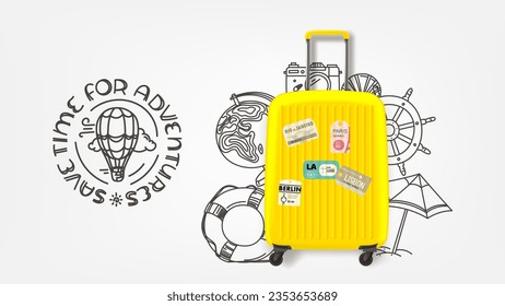 Enjoy your travel concept with suitcase and doodle elements. Vector banner with lettering text