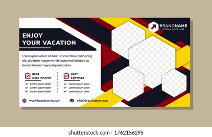 Enjoy Your Vacation Banner With Horizontal Layout. Modern Paper Cut Style Use Four Combinations Colors. Hexagon Shape For Space Of Photo Collage. The Colors Are Yellow, Blue, White, And Red. 