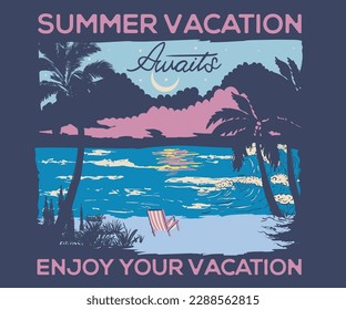 Enjoy your vacation. Summer vacation graphic print design for t shirt print, poster, sticker, background and other uses. Palm tree colorful retro print artwork. Beach camping artwork. Relax chare.