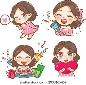 Enjoy your work life and our sweet lady  Pink working girl character vector design set  Hand drawn in various poses  Girl holds big heart in her arms  A girl says love  happy birthday  congratulation