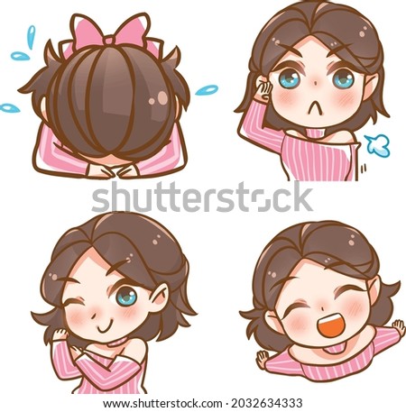 Enjoy your work life with our sweet lady. Pink working girl character vector design set. Hand drawn in various poses, Apologize, Salute, Ok, happy face