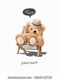 enjoy yourself slogan with cute bear doll sitting on beach seat vector illustration