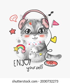 enjoy yourself slogan with cute kitten on headphone and colorful icons vector illustration svg