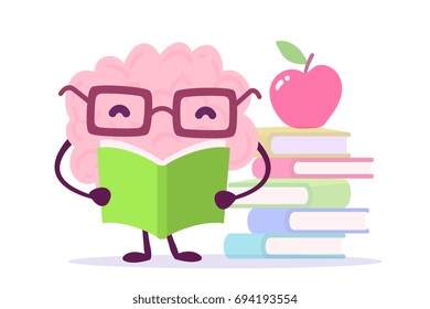 Enjoyable education brain cartoon concept. Vector illustration of pink color happy brain with glasses reading a book on white background with pile of books, apple. Flat style design of character brain