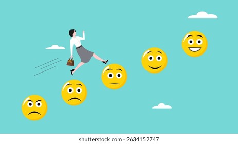 enjoyable work according to your talents and interests, intelligence to improve career success, happy businesswoman jump from anxiety to delight smiling face emoticon vector illustration