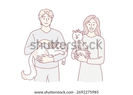 Enjoying animals and pets concept. Young smiling couple woman and man standing and holding cat and small dog on hands feeling love vector illustration