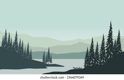enjoying the beautiful mountain views and the surrounding pine tree silhouettes on a calm morning from the riverbank. Vector illustration of a city