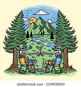 enjoying beer with friends in the mountains illustration