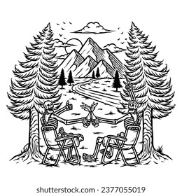 enjoying beer with friends in the mountains line illustration
