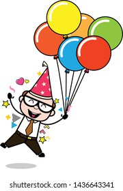 Enjoying Birthday Party - Retro Cartoon Father Old Boss Vector Illustration