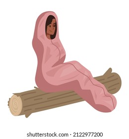 Enjoying camping at night semi flat RGB color vector illustration. Woman in sleeping bag sitting on log isolated cartoon character on white background