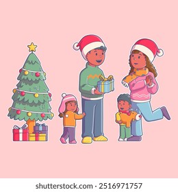 Enjoying Christmas Day With Happy Family Cute Illustration Flat Art Vector