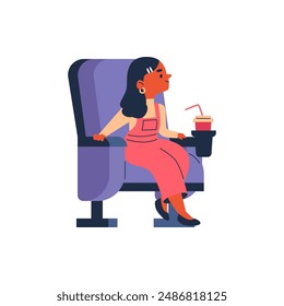 Disfrutando del cine. Ilustración vectorial representa a una niña en un asiento de cine con un refresco, absorta en una película. Ideal para diseños temáticos infantiles.