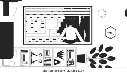 Enjoying cityscape evening in inverted bedroom black and white lofi wallpaper. Pensive man sits on sill 2D outline character cartoon flat illustration. Surreal vector line lo fi aesthetic background