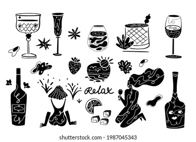 Enjoying cocktails, preparing ingredients.Cocktail and bar at home.Sticker set for web.doodle art.Preparing drinks.Summer time.Party girl relax vector.Enjoying stawberry and lemon. black silhouette