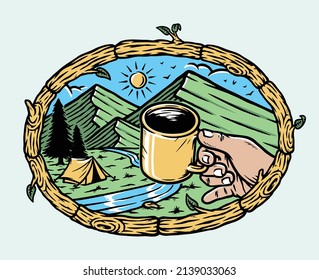 disfrutando del café en la ilustración de las montañas