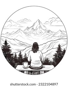 
enjoying coffee in the mountains on white background  