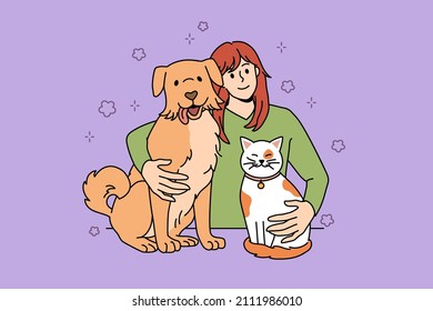 Enjoying company pets concept  Smiling positive girl embracing her red cat   dog feeling happy and friendship vector illustration 
