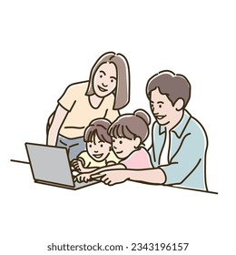 Enjoying a computer with parents and children,　Vector Illustration