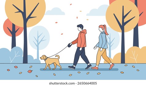 Enjoying a crisp autumn day with your canine companion in the park as leaves gently fall from trees above