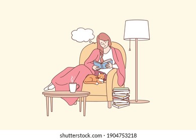 Enjoying daily lifestyle concept. Young smiling woman cartoon character sitting in armchair with cat reading book in cosy home and resting vector illustration 