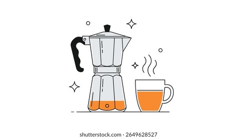 Desfrutando de uma deliciosa xícara de café quente preparado em uma bebida clássica italiana moka pot