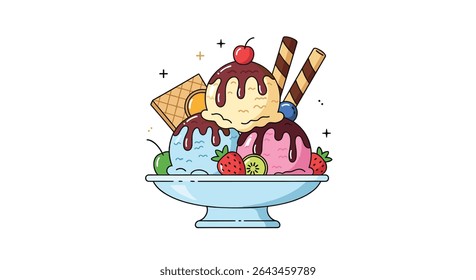 Enjoying Delicious Frozen Ice Cream Dessert with Fruit and Wafer Sticks in Dish