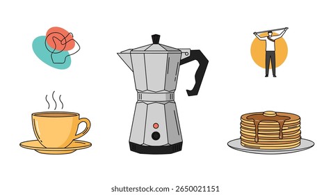 Desfrutando de um delicioso café da manhã com café quente e panquecas empilhadas