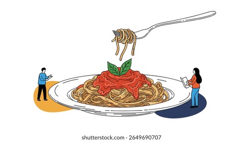 Enjoying a delicious plate of spaghetti with tomato sauce and fresh basil garnished with a fork lifting a portion