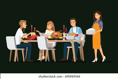 Enjoying dinner with friends,Vector illustration 