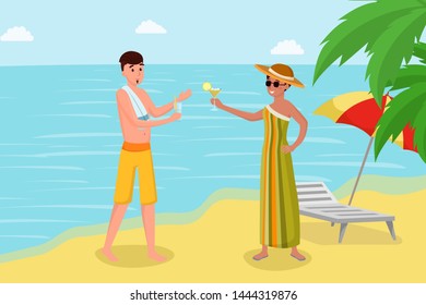 Enjoying drinks on seashore vector illustration. Tropical island luxury summer vacation with friends flat concept. Holidaymakers drinking cocktails on ocean resort cartoon character design 