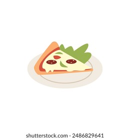 Enjoying fast food. Vector illustration of a slice of pepperoni pizza with herbs on a plate, ideal for menu design. Flat style on isolated background.