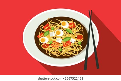 Enjoying a flavorful bowl of Korean ramen with noodles and garnishes on a red background