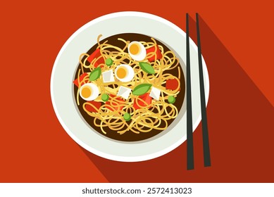 Enjoying a flavorful bowl of Korean ramen with noodles and garnishes on a red background