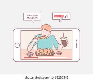 Enjoying food. Concept of video blogging. The guy is in his video blog on the phone screen.  Hand drawn style vector design illustrations.