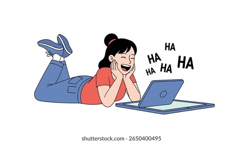 Enjoying funny videos online girl laughing hard while relaxing on floor watching laptop screen