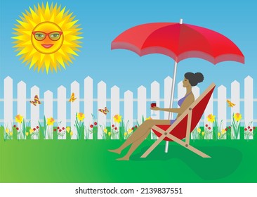 Enjoying garden and happy sun. Vector illustration.