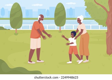 Enjoying happy retirement with grandkids flat color vector illustration. Grandma introducing grandchild to grandfather. Fully editable 2D simple cartoon characters with urban green space on background