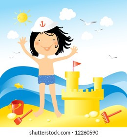 Enjoying holiday at the sea.Vector illustration of a little happy kid playing on the beach with toys and a sand castle