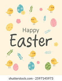 Enjoying a Joyful Easter Celebration Filled with Adorable Cute Chicks and Colorful Eggs. Vector