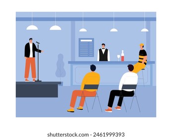 Enjoying a mini concert by a jazz singer in a cafe, vector illustration.