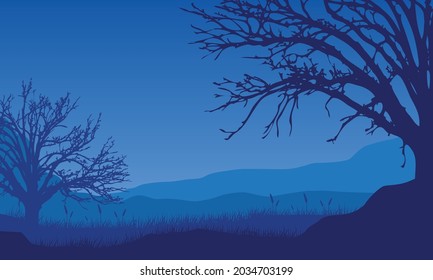 Enjoying the Mountains view with realistic dry tree silhouette at night from the edge of the city. Vector illustration of a city