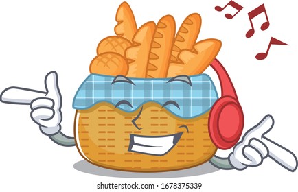 enjoying music bread basket cartoon mascot design