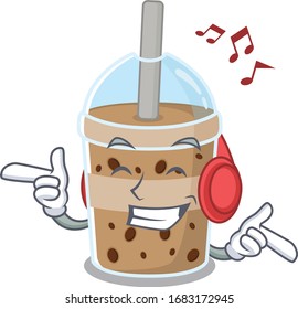 enjoying music chocolate bubble tea cartoon mascot design