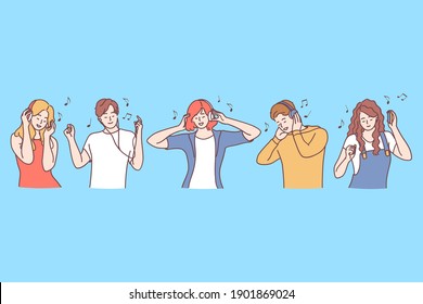 Enjoying Music And Listening Audio Concept. Young Smiling People Teens Cartoon Characters Listening To Music And Enjoying Songs With Headphones Vector Illustration 