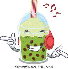 enjoying music matcha bubble tea cartoon mascot design