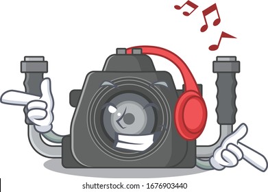 enjoying music underwater camera cartoon mascot design