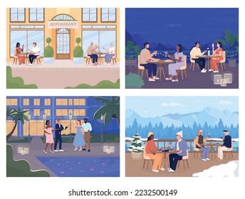 Disfrutando de un tiempo tranquilo en el conjunto de ilustraciones vectoriales de color plano del resort. Actividades hoteleras. Pasando tiempo con amigos. Caracteres de dibujos animados sencillos en 2D totalmente editables empacan con paisaje en segundo plano