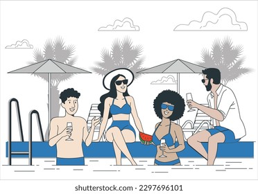 Enjoying pool party with friends. Group of beautiful young people looking happy in the swimming pool together. Friends having party and dancing in a swimming pool - Young people enjoying vacation